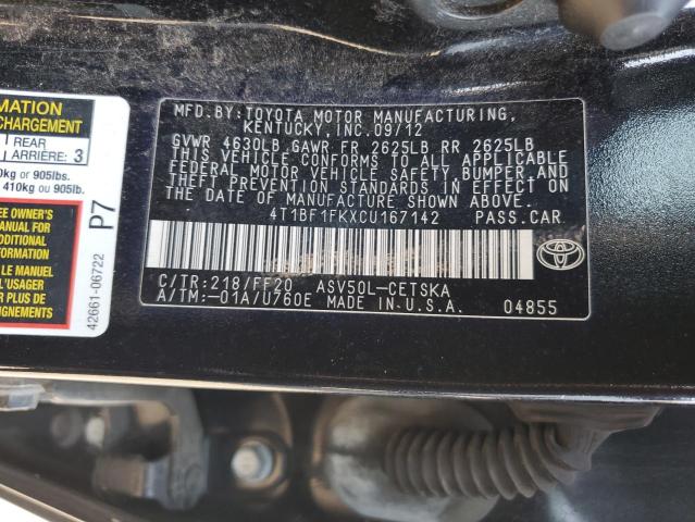 4T1BF1FKXCU167142 - 2012 TOYOTA CAMRY BASE BLACK photo 13