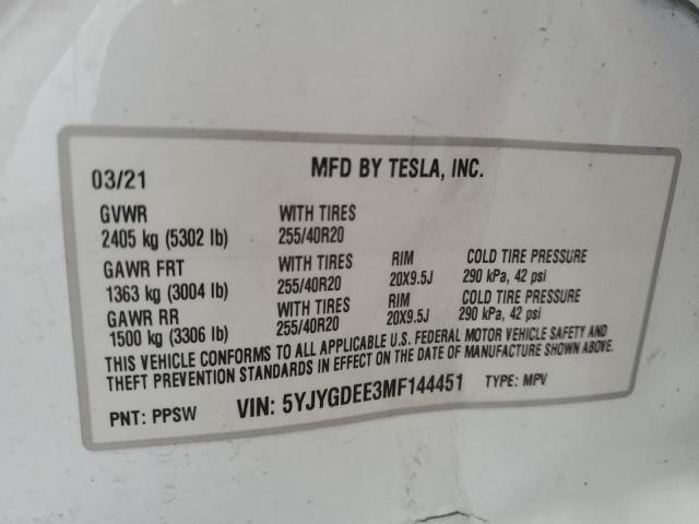 5YJYGDEE3MF144451 - 2021 TESLA MODEL Y WHITE photo 13