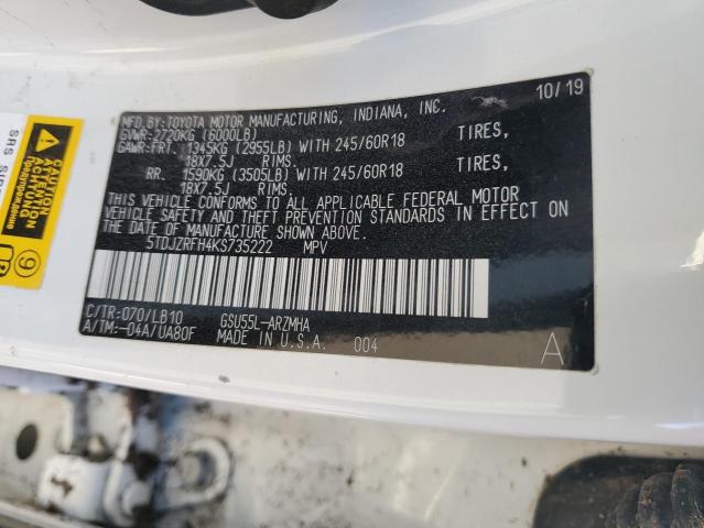 5TDJZRFH4KS735222 - 2019 TOYOTA HIGHLANDER SE Белый фото 13