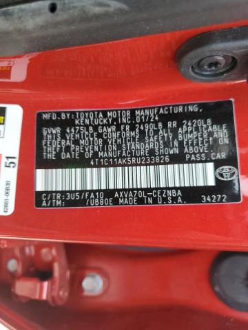 4T1C11AK5RU233826 - 2024 TOYOTA CAMRY LE RED photo 12