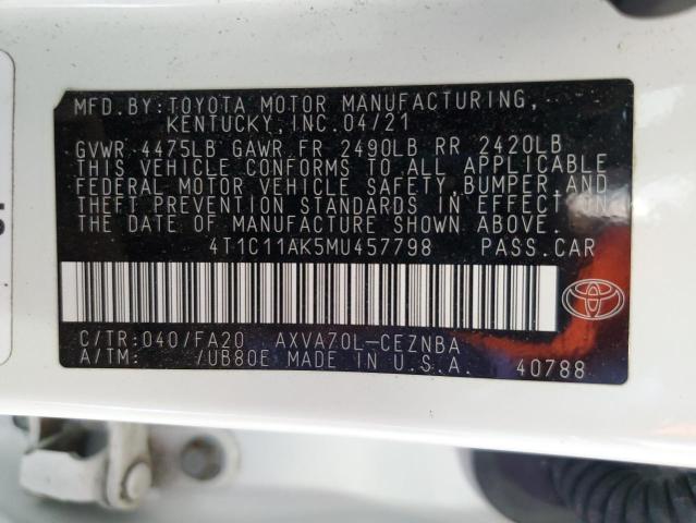 4T1C11AK5MU457798 - 2021 TOYOTA CAMRY LE WHITE photo 12