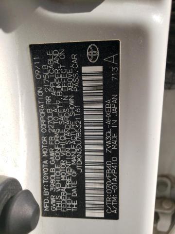 JTDKN3DU7B5321161 - 2011 TOYOTA PRIUS 白色 照片 12