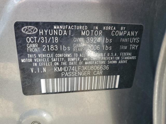 KMHD74LF3KU806636 - 2019 HYUNDAI ELANTRA SE GRAY photo 12