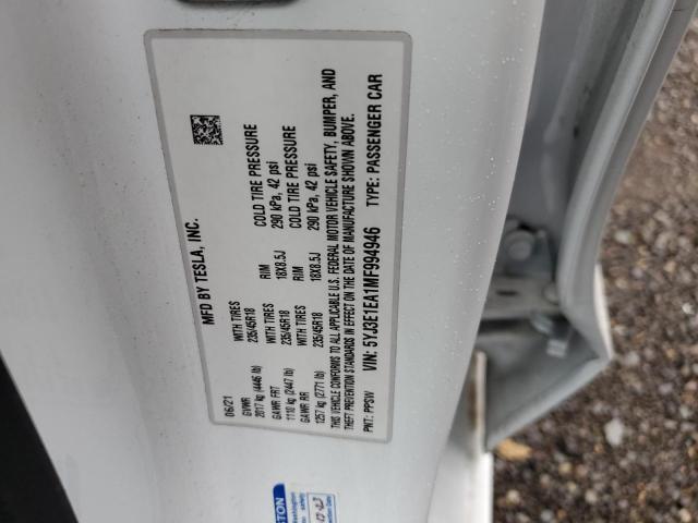 5YJ3E1EA1MF994946 - 2021 TESLA MODEL 3 WHITE photo 12