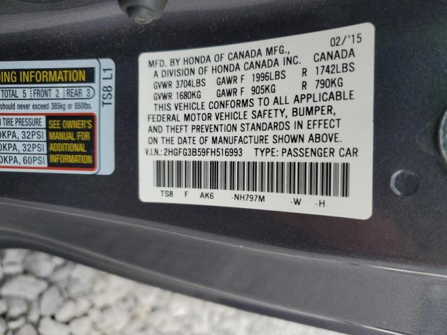 2HGFG3B59FH516993 - 2015 HONDA CIVIC LX 灰色 照片 12