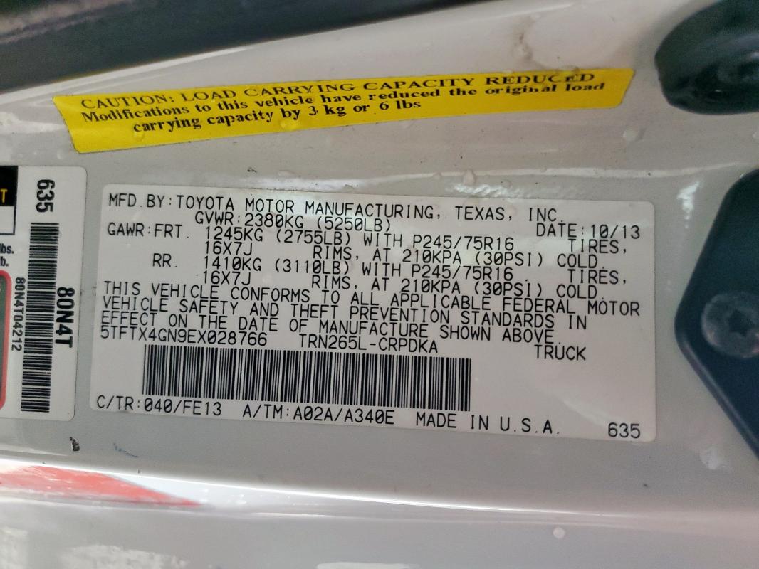 5TFTX4GN9EX028766 - 2014 TOYOTA TACOMA PRERUNNER ACCESS CAB WHITE photo 12