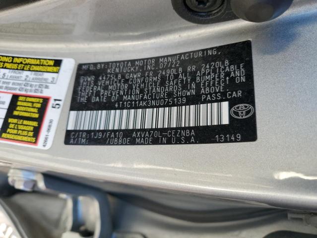 4T1C11AK3NU075139 - 2022 TOYOTA CAMRY LE SILVER photo 12