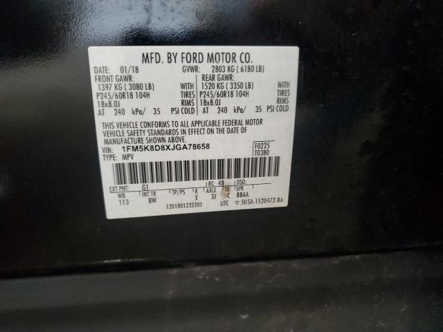 1FM5K8D8XJGA78658 - 2018 FORD EXPLORER XLT Қара фото 13