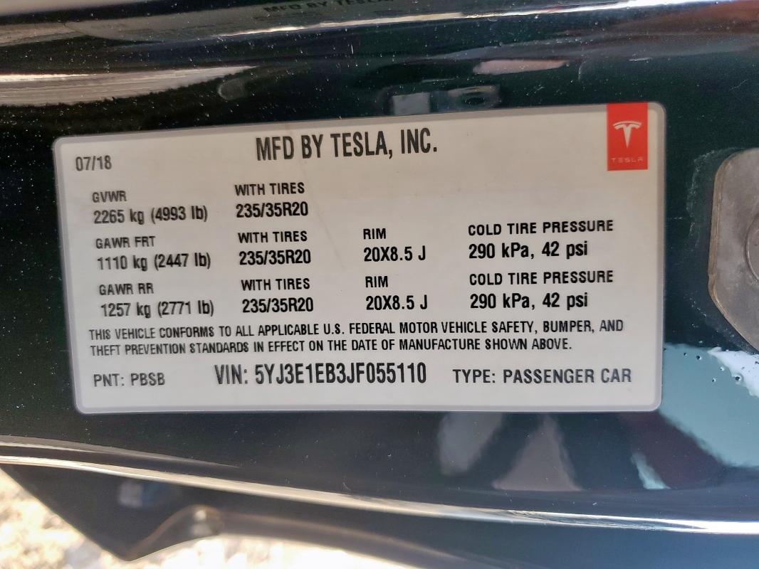 5YJ3E1EB3JF055110 - 2018 TESLA MODEL 3 BLACK photo 12
