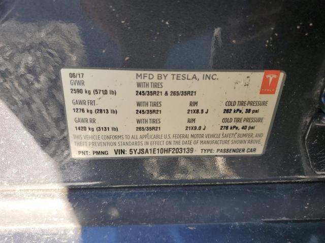 5YJSA1E10HF203139 - 2017 TESLA MODEL S GRAY photo 12