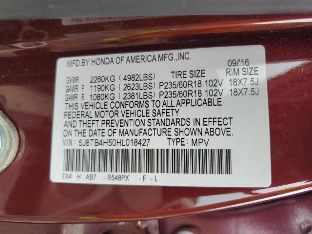 5J8TB4H50HL018427 - 2017 ACURA RDX TECHNOLOGY BURGUNDY photo 10