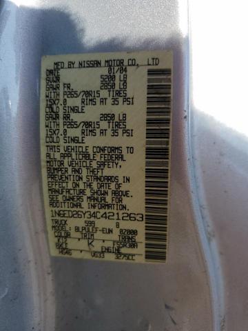 1N6ED26Y34C421263 - 2004 NISSAN FRONTIER KING CAB XE V6 SILVER photo 12