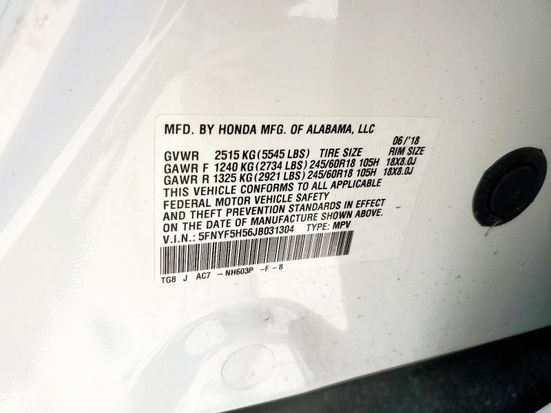 5FNYF5H56JB031304 - 2018 HONDA PILOT EXL თეთრი ფოტო 13