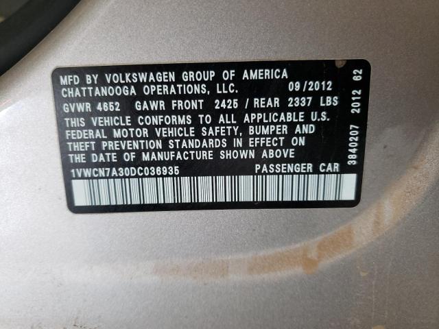 1VWCN7A30DC036935 - 2013 VOLKSWAGEN PASSAT SEL SILVER photo 12