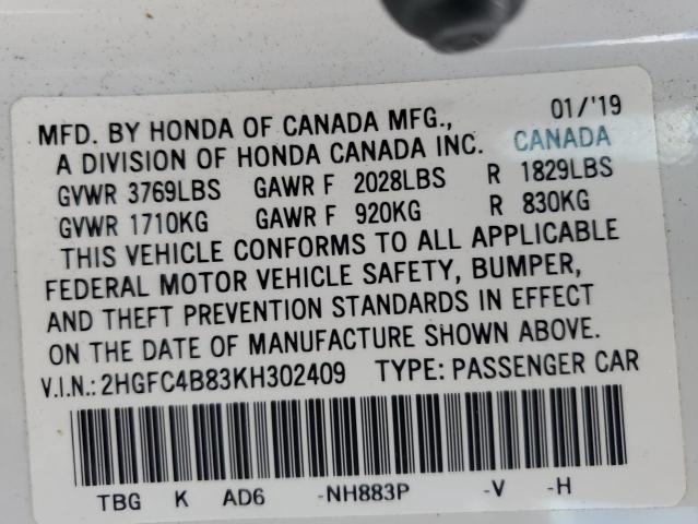 2HGFC4B83KH302409 - 2019 HONDA CIVIC SPORT თეთრი ფოტო 13