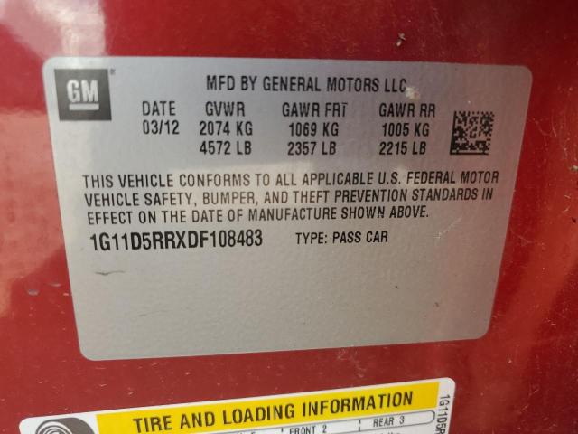 1G11D5RRXDF108483 - 2013 CHEVROLET MALIBU 1LT 红色 照片 12