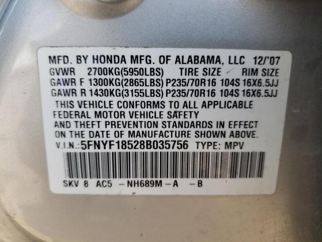 5FNYF18528B035756 - 2008 HONDA PILOT EXL SILVER photo 13