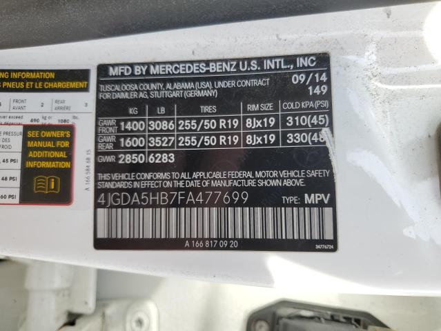 4JGDA5HB7FA477699 - 2015 MERCEDES-BENZ ML 350 4MATIC WHITE photo 13