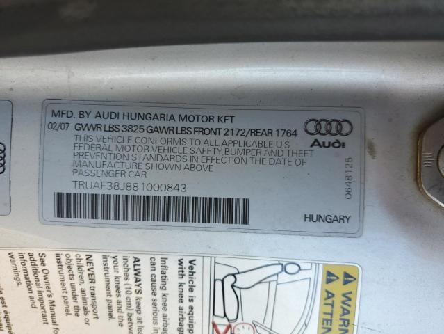 TRUAF38J881000843 - 2008 AUDI TT 2.0T SILVER photo 12