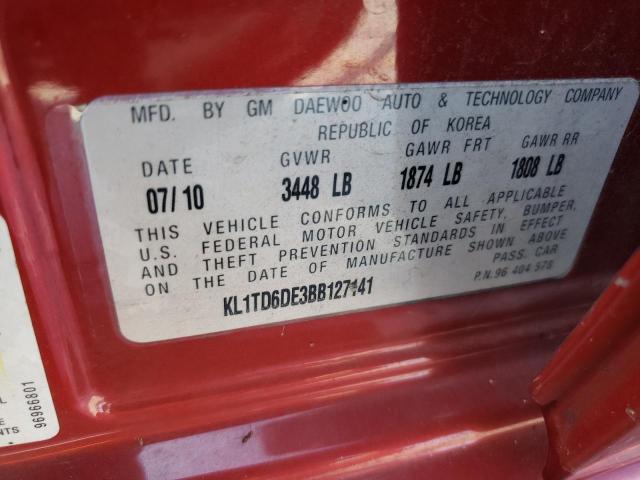 KL1TD6DE3BB127141 - 2011 CHEVROLET AVEO LS 勃艮第红 照片 12