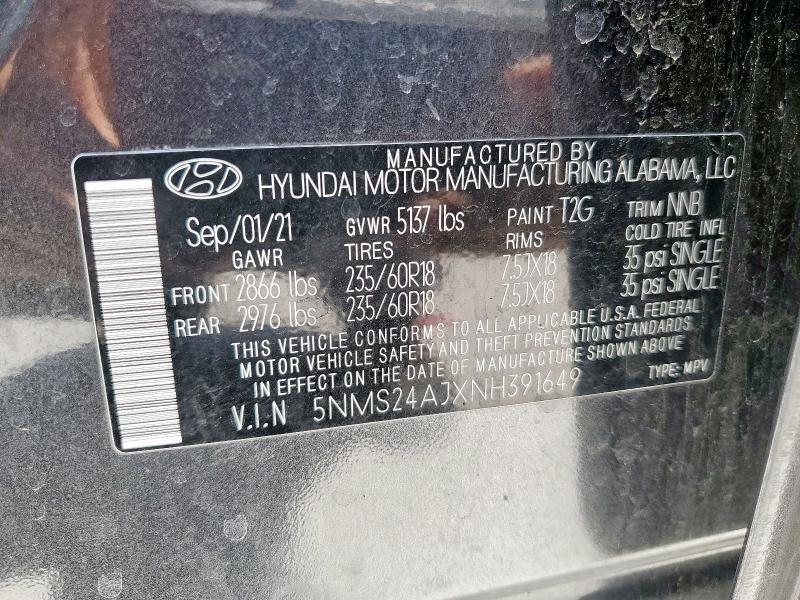 5NMS24AJXNH391649 - 2022 HYUNDAI SANTA FE SEL CHARCOAL photo 13