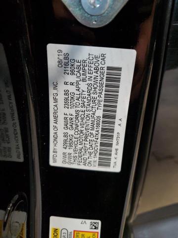 1HGCV1F47KA168005 - 2019 HONDA ACCORD EX 黑色 照片 12