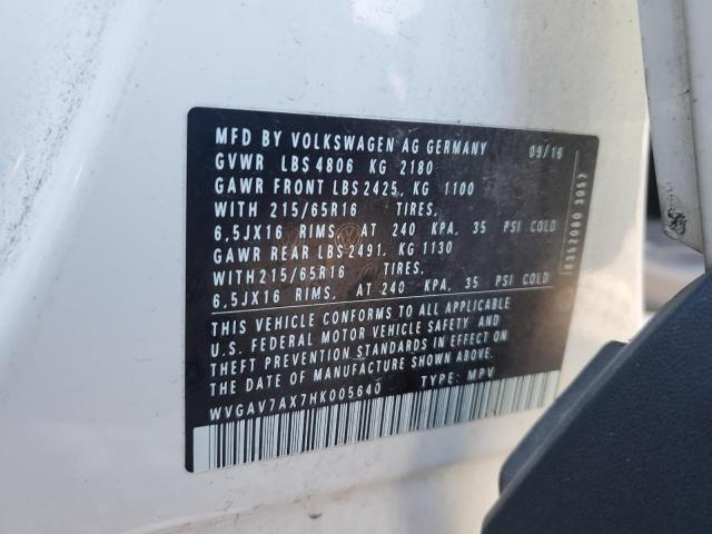 WVGAV7AX7HK005640 - 2017 VOLKSWAGEN TIGUAN S WHITE photo 13