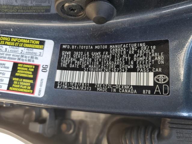 2T1BURHE2KC167342 - 2019 TOYOTA COROLLA L GRAY photo 12