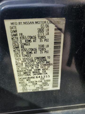 5N1AR18U46C641355 - 2006 NISSAN PATHFINDER LE 蓝色 照片 13