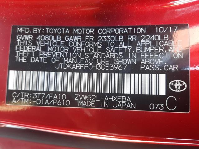 JTDKARFP0H3053967 - 2017 TOYOTA PRIUS PRIM 红色 照片 10