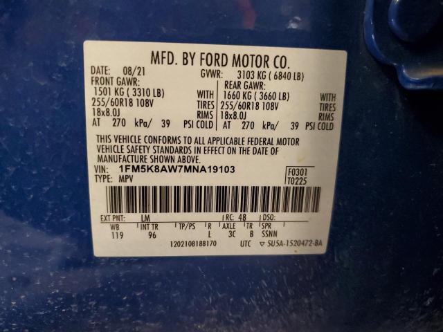 1FM5K8AW7MNA19103 - 2021 FORD EXPLORER POLICE INTERCEPTOR BLUE photo 13