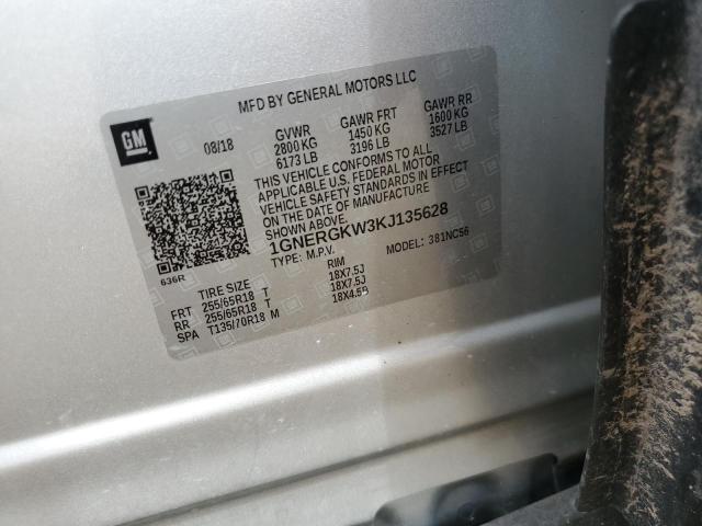 1GNERGKW3KJ135628 - 2019 CHEVROLET TRAVERSE LT فضي صورة 12