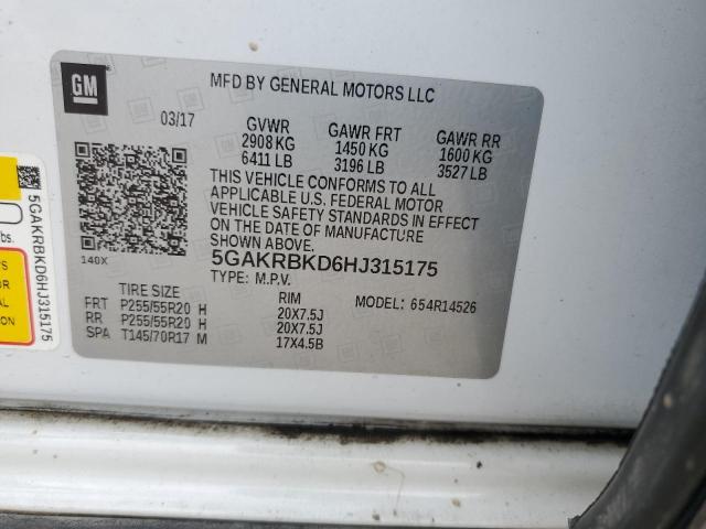 5GAKRBKD6HJ315175 - 2017 BUICK ENCLAVE WHITE photo 13