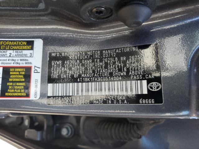 4T1BK1FK9CU514004 - 2012 TOYOTA CAMRY SE GRAY photo 12