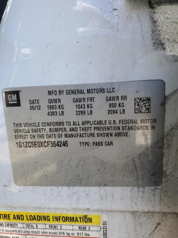 1G1ZC5E0XCF364246 - 2012 CHEVROLET MALIBU 1LT 白色 照片 12