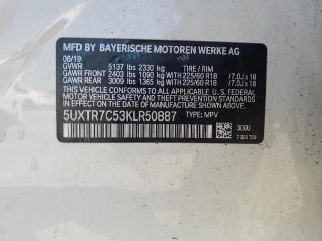 5UXTR7C53KLR50887 - 2019 BMW X3 SDRIVE30I WHITE photo 14