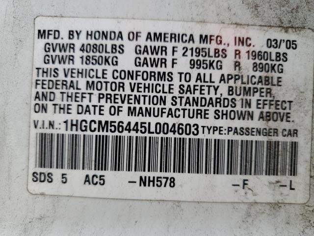 1HGCM56445L004603 - 2005 HONDA ACCORD LX WHITE photo 12