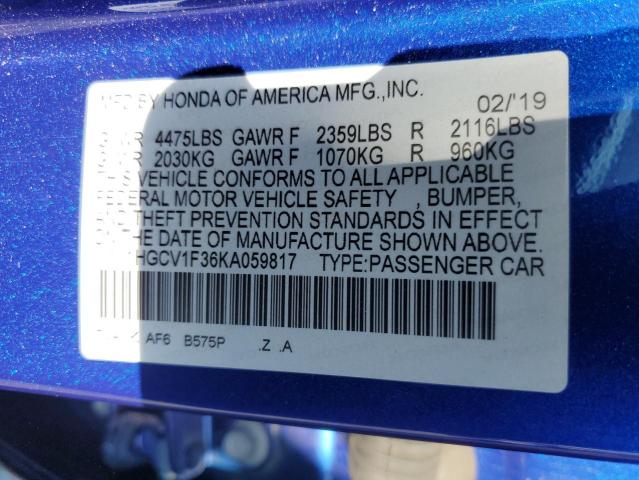 1HGCV1F36KA059817 - 2019 HONDA ACCORD SPORT ლურჯი ფოტო 12