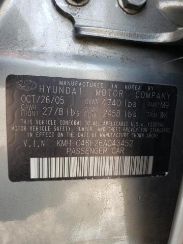 KMHFC46F26A043452 - 2006 HYUNDAI AZERA SE GRAY photo 12