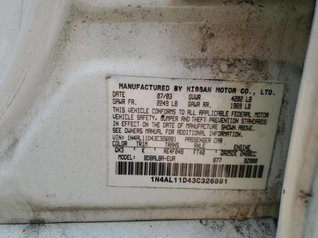 1N4AL11D43C326881 - 2003 NISSAN ALTIMA BASE WHITE photo 12