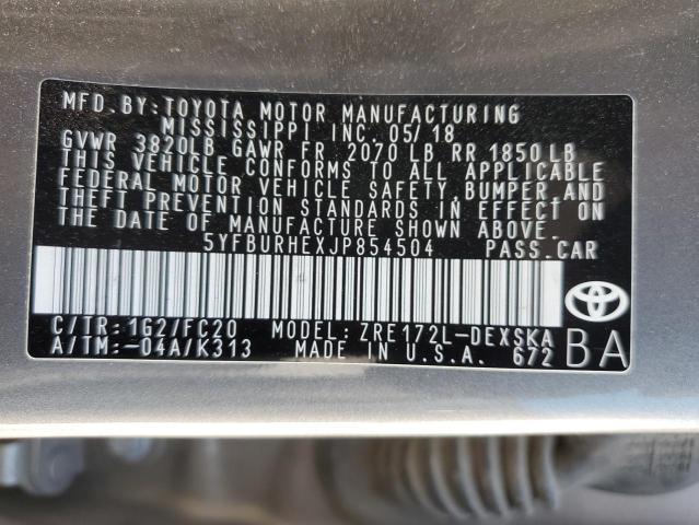 5YFBURHEXJP854504 - 2018 TOYOTA COROLLA L GRAY photo 13