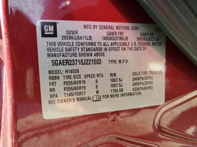 5GAER23718J221503 - 2008 BUICK ENCLAVE CXL RED photo 13