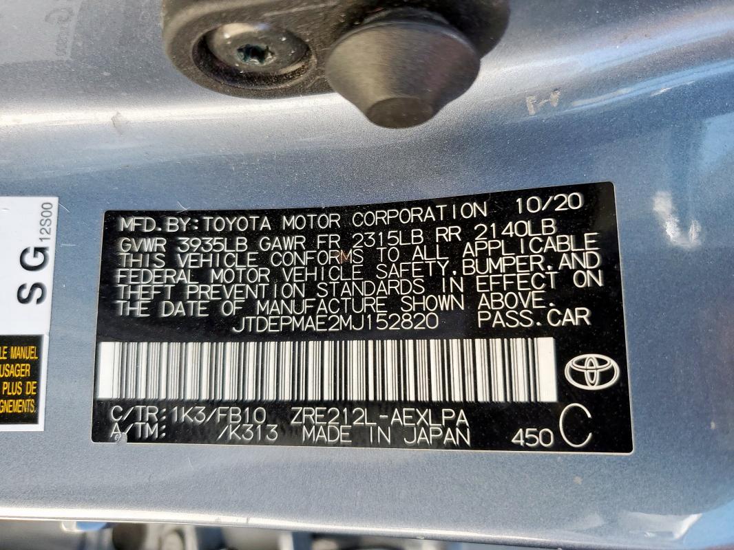 JTDEPMAE2MJ152820 - 2021 TOYOTA COROLLA LE 灰色 照片 13