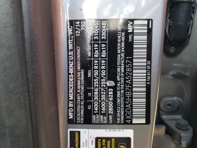 4JGDA5HB7FA528571 - 2015 MERCEDES-BENZ ML 350 4MATIC GRAY photo 13