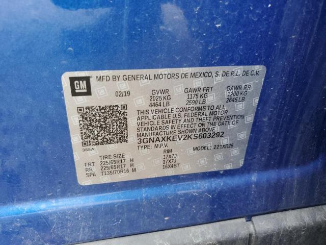 3GNAXKEV2KS603292 - 2019 CHEVROLET EQUINOX LT ლურჯი ფოტო 14