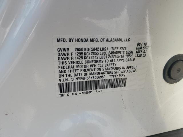 5FNYF6H56KB006989 - 2019 HONDA PILOT EXL Ақ фото 13