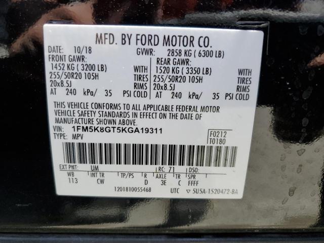 1FM5K8GT5KGA19311 - 2019 FORD EXPLORER SPORT Черный фото 12