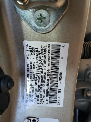 1HGFA16518L030944 - 2008 HONDA CIVIC LX GOLD photo 12