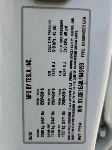 5YJ3E1EA0LF645193 - 2020 TESLA MODEL 3 WHITE photo 12