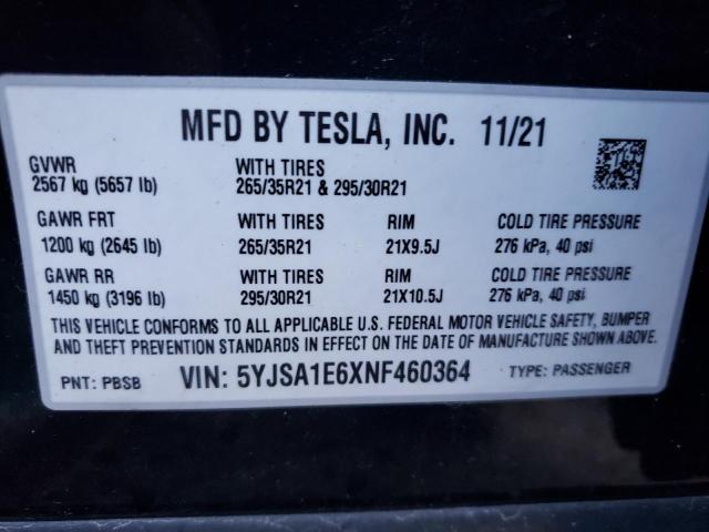 5YJSA1E6XNF460364 - 2022 TESLA MODEL S Qara foto 10